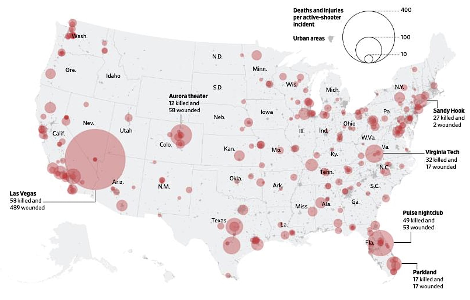 Map showing the number of shootings in america and how deadly they were